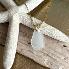 Load image into Gallery viewer, Frosty White Sea glass pendant with gold brass heart bail and stainless steel chain
