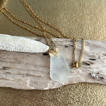 Load image into Gallery viewer, Frosty White Sea glass pendant with gold brass heart bail and stainless steel chain

