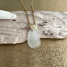 Load image into Gallery viewer, Frosty White Sea glass pendant with gold brass heart bail and stainless steel chain
