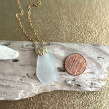 Load image into Gallery viewer, Frosty White Sea glass pendant with gold brass heart bail and stainless steel chain
