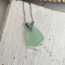 Load image into Gallery viewer, Mint Green Sea Glass necklace with Brass Triangle Bail and Stainless steel chain - Modern geometric jewelry
