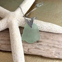 Load image into Gallery viewer, Mint Green Sea Glass necklace with Brass Triangle Bail and Stainless steel chain - Modern geometric jewelry
