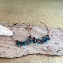 Load image into Gallery viewer, Teal copper Glass Teardrop and Antiqued copper Hoops, Bohemian Earrings, Colored Drops, Ocean colored
