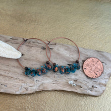 Load image into Gallery viewer, Teal copper Glass Teardrop and Antiqued copper Hoops, Bohemian Earrings, Colored Drops, Ocean colored
