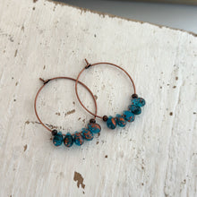 Load image into Gallery viewer, Teal copper Glass Teardrop and Antiqued copper Hoops, Bohemian Earrings, Colored Drops, Ocean colored
