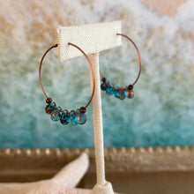 Load image into Gallery viewer, Teal copper Glass Teardrop and Antiqued copper Hoops, Bohemian Earrings, Colored Drops, Ocean colored
