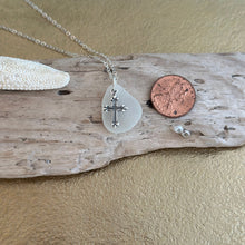 Load image into Gallery viewer, Sterling silver genuine White sea glass necklace with cross charm
