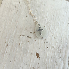 Load image into Gallery viewer, Sterling silver genuine White sea glass necklace with cross charm
