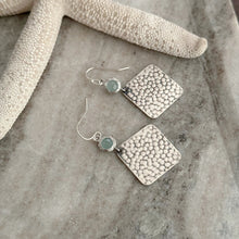 Load image into Gallery viewer, Silver square dangle earrings with aqua seafoam bezel set glass - hammer texture
