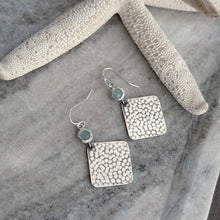 Load image into Gallery viewer, Silver square dangle earrings with aqua seafoam bezel set glass - hammer texture
