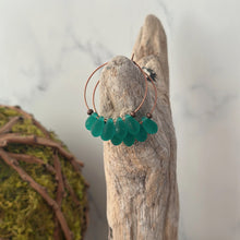 Load image into Gallery viewer, Emerald Teal Green Frosted Glass Teardrop and Antique Copper Hoop Earrings
