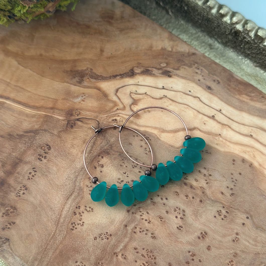 Emerald Teal Green Frosted Glass Teardrop and Antique Copper Hoop Earrings