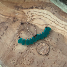 Load image into Gallery viewer, Emerald Teal Green Frosted Glass Teardrop and Antique Copper Hoop Earrings
