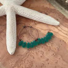 Load image into Gallery viewer, Emerald Teal Green Frosted Glass Teardrop and Antique Copper Hoop Earrings

