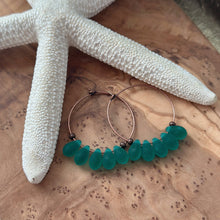 Load image into Gallery viewer, Emerald Teal Green Frosted Glass Teardrop and Antique Copper Hoop Earrings
