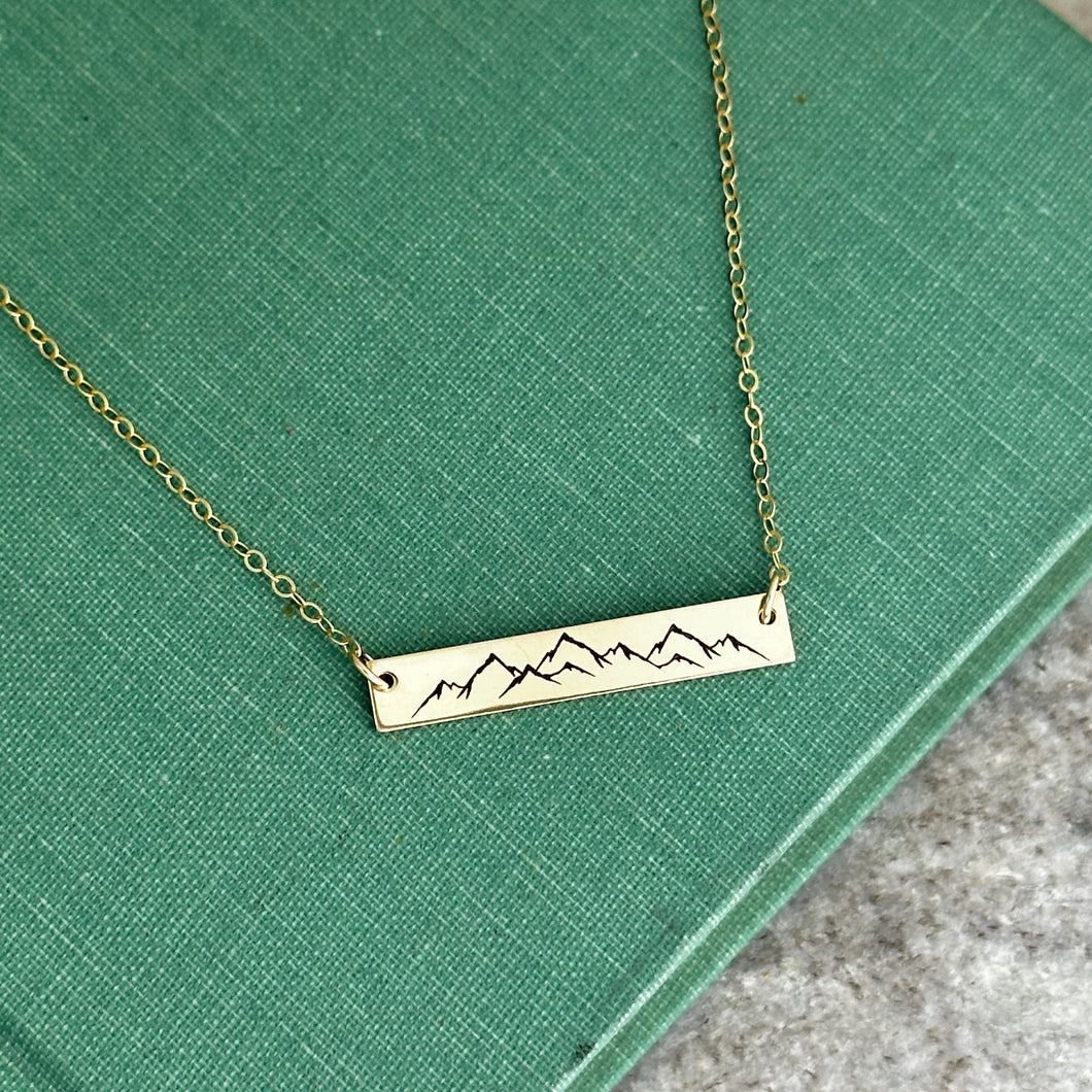 Mountain Necklace - engraved 14k gold filled horizontal skinny bar necklace