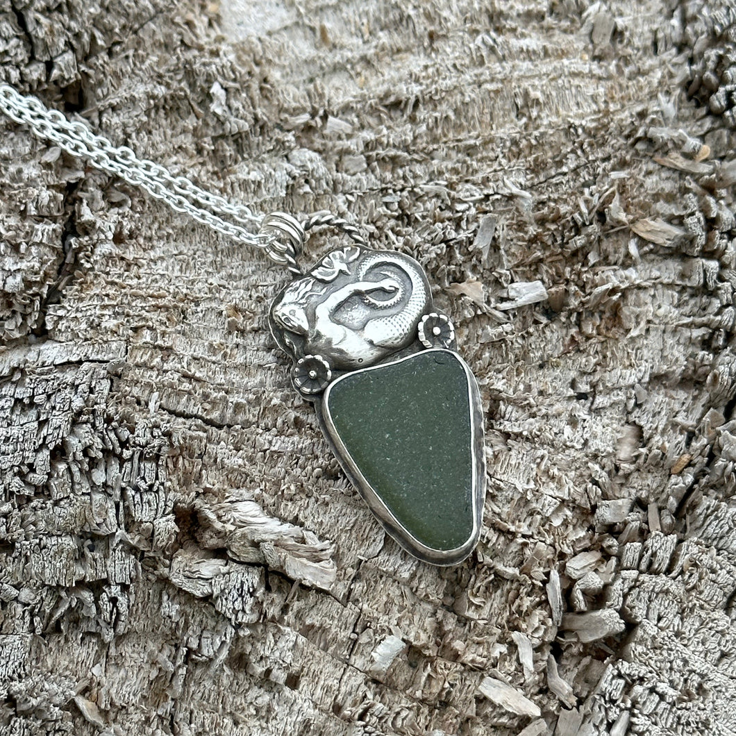 Sterling Silver Mermaid with Green Sea Glass pendant necklace