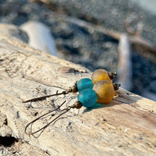 Load image into Gallery viewer, Teal and Mustard yellow recycled glass bead antiqued brass dangle earrings
