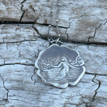 Load image into Gallery viewer, Fine Silver Mermaid holding laurel wreath pendant necklace

