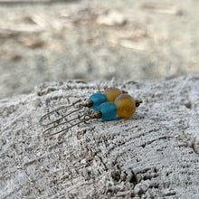 Load image into Gallery viewer, Teal and Mustard yellow recycled glass bead antiqued brass dangle earrings
