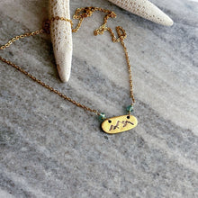 Load image into Gallery viewer, Gold mountain charm necklace - gold pewter with aqua Czech glass gems - Mountain Jewelry - stainless steel
