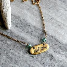 Load image into Gallery viewer, Gold mountain charm necklace - gold pewter with aqua Czech glass gems - Mountain Jewelry - stainless steel
