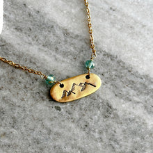 Load image into Gallery viewer, Gold mountain charm necklace - gold pewter with aqua Czech glass gems - Mountain Jewelry - stainless steel
