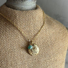 Load image into Gallery viewer, Gold shell fossil charm necklace - gold pewter with aqua Czech glass gem -Beach charm necklace - stainless steel
