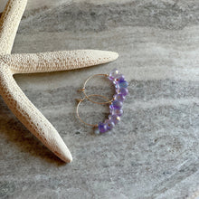 Load image into Gallery viewer, 14k gold filled Purple teardrop Czech Glass hoop earrings
