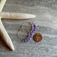 Load image into Gallery viewer, 14k gold filled Purple teardrop Czech Glass hoop earrings
