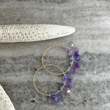 Load image into Gallery viewer, 14k gold filled Purple teardrop Czech Glass hoop earrings
