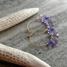 Load image into Gallery viewer, 14k gold filled Purple teardrop Czech Glass hoop earrings
