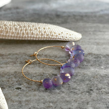 Load image into Gallery viewer, 14k gold filled Purple teardrop Czech Glass hoop earrings
