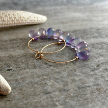 Load image into Gallery viewer, 14k gold filled Purple teardrop Czech Glass hoop earrings
