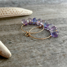 Load image into Gallery viewer, 14k gold filled Purple teardrop Czech Glass hoop earrings
