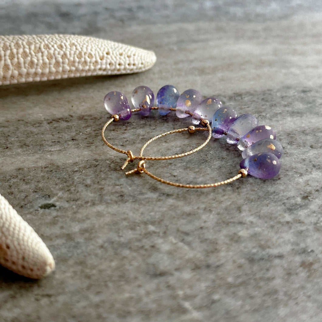 14k gold filled Purple teardrop Czech Glass hoop earrings