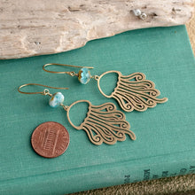 Load image into Gallery viewer, jellyfish earrings with aqua blue white and gold Czech glass beads , sea inspired dangle earrings

