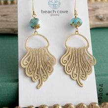 Load image into Gallery viewer, jellyfish earrings with aqua blue white and gold Czech glass beads , sea inspired dangle earrings
