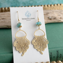 Load image into Gallery viewer, jellyfish earrings with aqua blue white and gold Czech glass beads , sea inspired dangle earrings
