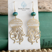 Load image into Gallery viewer, jellyfish earrings with teal blue Czech glass beads , sea inspired dangle earrings
