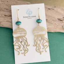 Load image into Gallery viewer, jellyfish earrings with teal blue Czech glass beads , sea inspired dangle earrings
