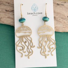 Load image into Gallery viewer, jellyfish earrings with teal blue Czech glass beads , sea inspired dangle earrings
