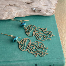 Load image into Gallery viewer, jellyfish earrings with teal blue Czech glass beads , sea inspired dangle earrings
