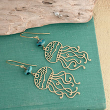 Load image into Gallery viewer, jellyfish earrings with teal blue Czech glass beads , sea inspired dangle earrings
