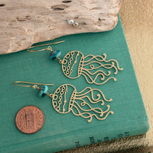 Load image into Gallery viewer, jellyfish earrings with teal blue Czech glass beads , sea inspired dangle earrings
