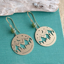 Load image into Gallery viewer, Mountain Silhouette dangle earrings in brass with Czech glass green beads
