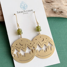 Load image into Gallery viewer, Mountain Silhouette dangle earrings in brass with Czech glass green beads
