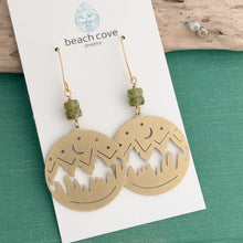 Load image into Gallery viewer, Mountain Silhouette dangle earrings in brass with Czech glass green beads
