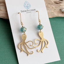 Load image into Gallery viewer, Octopus earrings with aqua blue and gold Czech glass beads , sea inspired dangle earrings
