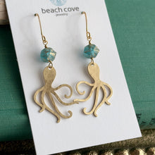 Load image into Gallery viewer, Octopus earrings with aqua blue and gold Czech glass beads , sea inspired dangle earrings

